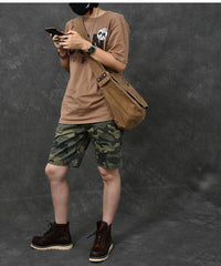 Canvas Leather Mens Large Brown Side Bag 14'' Army Green Messenger Bag Postman Bag For Men - imessengerbags