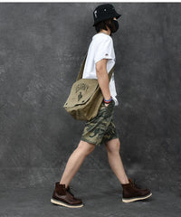 Canvas Leather Mens Large Brown Side Bag 14'' Army Green Messenger Bag Postman Bag For Men - imessengerbags