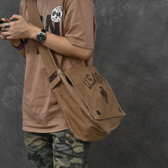 Canvas Leather Mens Large Brown Side Bag 14'' Army Green Messenger Bag Postman Bag For Men - imessengerbags