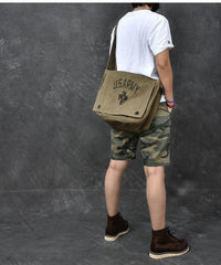 Canvas Leather Mens Large Brown Side Bag 14'' Army Green Messenger Bag Postman Bag For Men - imessengerbags