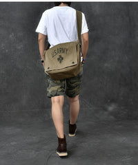 Canvas Leather Mens Large Brown Side Bag 14'' Army Green Messenger Bag Postman Bag For Men - imessengerbags