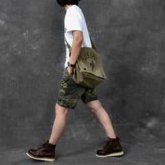 Canvas Leather Mens Large Brown Side Bag 14'' Army Green Messenger Bag Postman Bag For Men - imessengerbags