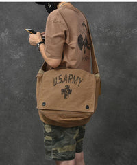 Canvas Leather Mens Large Brown Side Bag 14'' Army Green Messenger Bag Postman Bag For Men - imessengerbags