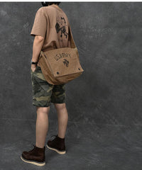 Canvas Leather Mens Large Brown Side Bag 14'' Army Green Messenger Bag Postman Bag For Men - imessengerbags