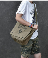 Canvas Leather Mens Large Brown Side Bag 14'' Army Green Messenger Bag Postman Bag For Men - imessengerbags