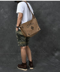 Canvas Leather Mens Large Brown Side Bag 14'' Army Green Messenger Bag Postman Bag For Men - imessengerbags