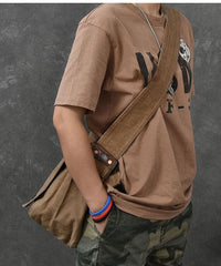 Canvas Leather Mens Large Brown Side Bag 14'' Army Green Messenger Bag Postman Bag For Men - imessengerbags