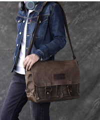 Canvas Leather Mens Large Brown Side Bag 14'' Khaki Messenger Bag Brown Postman Bag For Men - imessengerbags