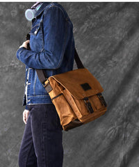 Canvas Leather Mens Large Brown Side Bag 14'' Khaki Messenger Bag Brown Postman Bag For Men - imessengerbags