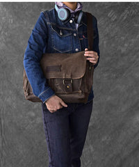 Canvas Leather Mens Large Brown Side Bag 14'' Khaki Messenger Bag Brown Postman Bag For Men - imessengerbags