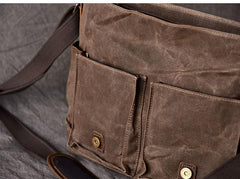 Canvas Leather Mens Large Brown Side Bag 14'' Khaki Messenger Bag Brown Postman Bag For Men - imessengerbags
