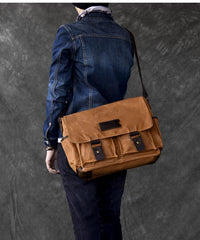 Canvas Leather Mens Large Brown Side Bag 14'' Khaki Messenger Bag Brown Postman Bag For Men - imessengerbags