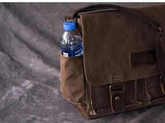 Canvas Leather Mens Large Brown Side Bag 14'' Khaki Messenger Bag Brown Postman Bag For Men - imessengerbags
