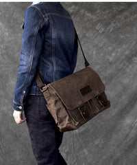 Canvas Leather Mens Large Brown Side Bag 14'' Khaki Messenger Bag Brown Postman Bag For Men - imessengerbags