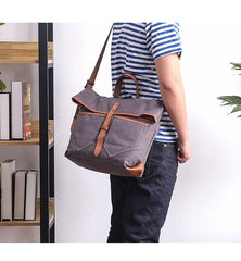 Canvas Leather Mens 13'' Khaki Side Bag Courier Bag Messenger Bag Black Shoulder Bag for Men - imessengerbags