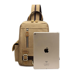 Canvas Leather Mens Mini Sling Bag Khaki Backpack One Shoulder Bag Green Chest Bag for Men - imessengerbags