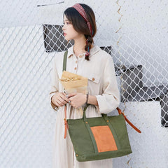 Canvas Leather Mens Womens Small Handbag Caramel Tote Bag Shoulder Bag Green Side Bag for Men - imessengerbags