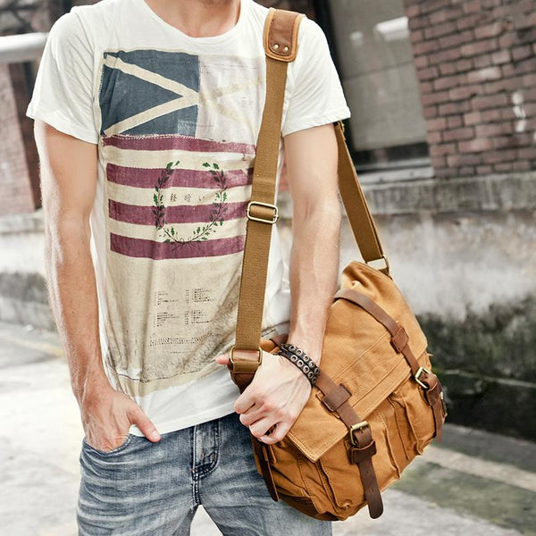 Canvas Leather Mens Vintage 14" Brown Travel Side Bag Black Messenger Bag Blue Shoulder Bag for Men - imessengerbags