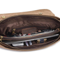 Canvas Leather Mens Vintage Khaki 14'' Briefcase Side Bag Lake Green Messenger Bag Brown Courier Bag for Men - imessengerbags