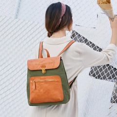 Canvas Leather Mens Women Student Backpack Army Green Travel Backpack Caramel College Backpack for Men - imessengerbags