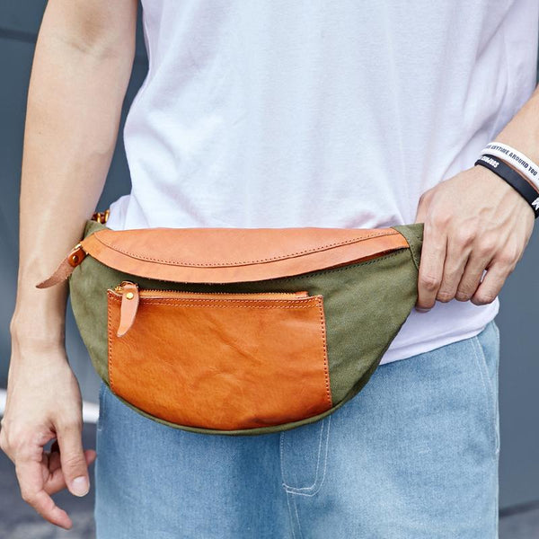 Canvas Leather Mens Caramel Waist Bag Army Green Fanny Pack Hip pack Chest Bag For Men - imessengerbags