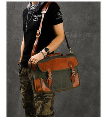 Canvas Leather Mens 14‘’ Army Green Briefcase Side Bag Retro Messenger Bag Shoulder Bag For Men - imessengerbags