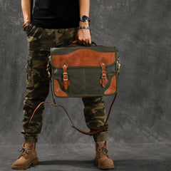 Canvas Leather Mens 14‘’ Army Green Briefcase Side Bag Retro Messenger Bag Shoulder Bag For Men - imessengerbags