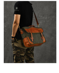 Canvas Leather Mens 14‘’ Army Green Briefcase Side Bag Retro Messenger Bag Shoulder Bag For Men - imessengerbags