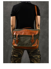 Canvas Leather Mens 14‘’ Army Green Briefcase Side Bag Retro Messenger Bag Shoulder Bag For Men - imessengerbags
