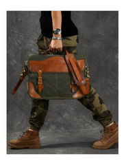 Canvas Leather Mens 14‘’ Army Green Briefcase Side Bag Retro Messenger Bag Shoulder Bag For Men - imessengerbags