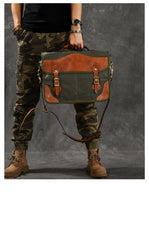 Canvas Leather Mens 14‘’ Army Green Briefcase Side Bag Retro Messenger Bag Shoulder Bag For Men - imessengerbags