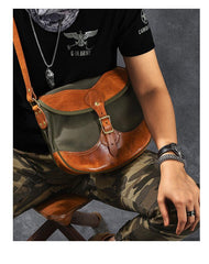 Canvas Leather Mens Womens Army Green Saddle Side Bag Messenger Bag Small Shoulder Bag For Men - imessengerbags