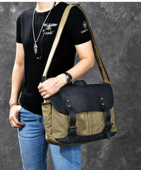 Canvas Leather Mens Army Green Postman Side Bag 14'' Black Messenger Bag Large Shoulder Bag For Men - imessengerbags