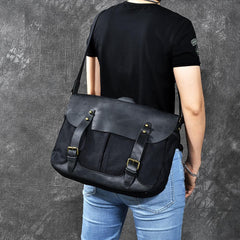 Canvas Leather Mens Army Green Postman Side Bag 14'' Black Messenger Bag Large Shoulder Bag For Men - imessengerbags