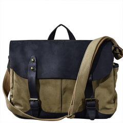 Canvas Leather Mens Army Green Postman Side Bag 14'' Black Messenger Bag Large Shoulder Bag For Men - imessengerbags