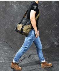 Canvas Leather Mens Army Green Postman Side Bag 14'' Black Messenger Bag Large Shoulder Bag For Men - imessengerbags
