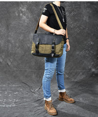 Canvas Leather Mens Army Green Postman Side Bag 14'' Black Messenger Bag Large Shoulder Bag For Men - imessengerbags