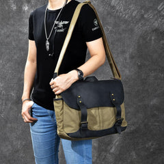 Canvas Leather Mens Army Green Postman Side Bag 14'' Black Messenger Bag Large Shoulder Bag For Men - imessengerbags