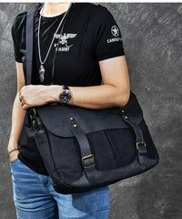 Canvas Leather Mens Army Green Postman Side Bag 14'' Black Messenger Bag Large Shoulder Bag For Men - imessengerbags