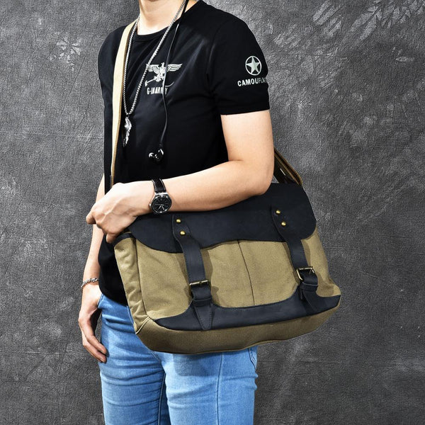 Canvas Leather Mens Army Green Postman Side Bag 14'' Black Messenger Bag Large Shoulder Bag For Men - imessengerbags