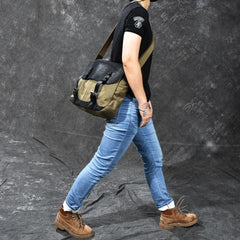 Canvas Leather Mens Army Green Postman Side Bag 14'' Black Messenger Bag Large Shoulder Bag For Men - imessengerbags