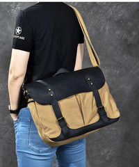 Canvas Leather Mens Army Green Postman Side Bag 14'' Black Messenger Bag Large Shoulder Bag For Men - imessengerbags