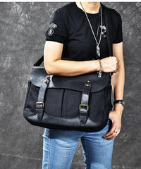 Canvas Leather Mens Army Green Postman Side Bag 14'' Black Messenger Bag Large Shoulder Bag For Men - imessengerbags