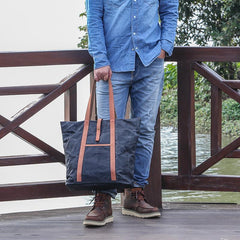 Waxed Leather Mens Womens Black 14'' Waterproof Tote Bag Handbag Tote Bag Shoulder Bag Tote Purse For Men - imessengerbags