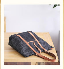 Waxed Leather Mens Womens Black 14'' Waterproof Tote Bag Handbag Tote Bag Shoulder Bag Tote Purse For Men - imessengerbags