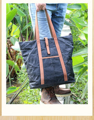 Waxed Leather Mens Womens Black 14'' Waterproof Tote Bag Handbag Tote Bag Shoulder Bag Tote Purse For Men - imessengerbags