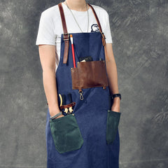 Canvas Leather Mens Womens Blue Craftsman Apron Cafe Staff Apron Work Apron for Men - imessengerbags