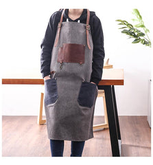 Canvas Leather Mens Womens Gray Craftsman Cafe Staff Clothes Work Apron for Men - imessengerbags