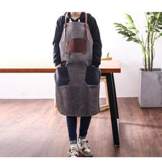 Canvas Leather Mens Womens Gray Craftsman Cafe Staff Clothes Work Apron for Men - imessengerbags