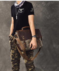 Canvas Leather Mens Womens Green Briefcase Side Bag Brown Messenger Bag Shoulder Bag For Men - imessengerbags